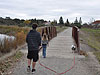 Tyler and Jordan walking Shelby over a bridge on the trail