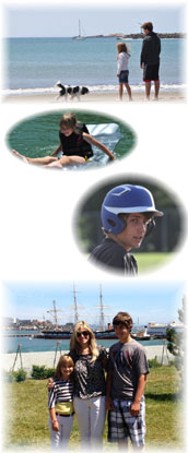 Jordan, Tyler, and Tanya in San Francisco, at Doran Beach, Lake Mendocino, and during a baseball game.